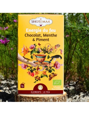 Une infusion bio au chocolat, à la menthe et au piment, liée à l’élément Feu.