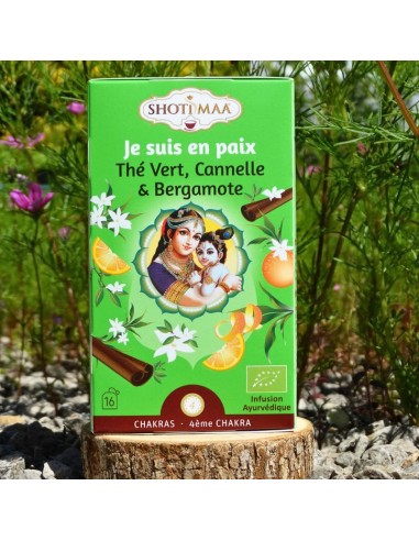 Une infusion bio au thé vert, à la cannelle et à la bergamote, liée au 4ᵉ chakra.