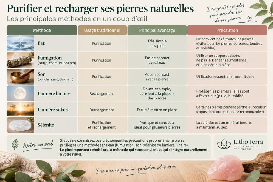 tableau récapitulatif des différents moyens de purification et de rechargement des pierres naturelles