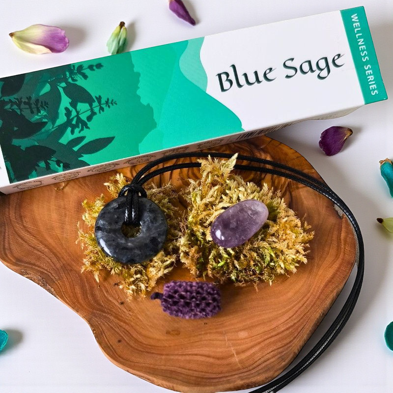 Coffret bien-&ecirc;tre Litho Terra avec encens Sauge bleue, pendentif donut et pierre naturelle sur support en bois